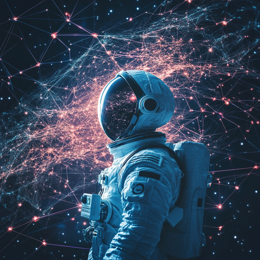 Astronaut in space with pink grid behind